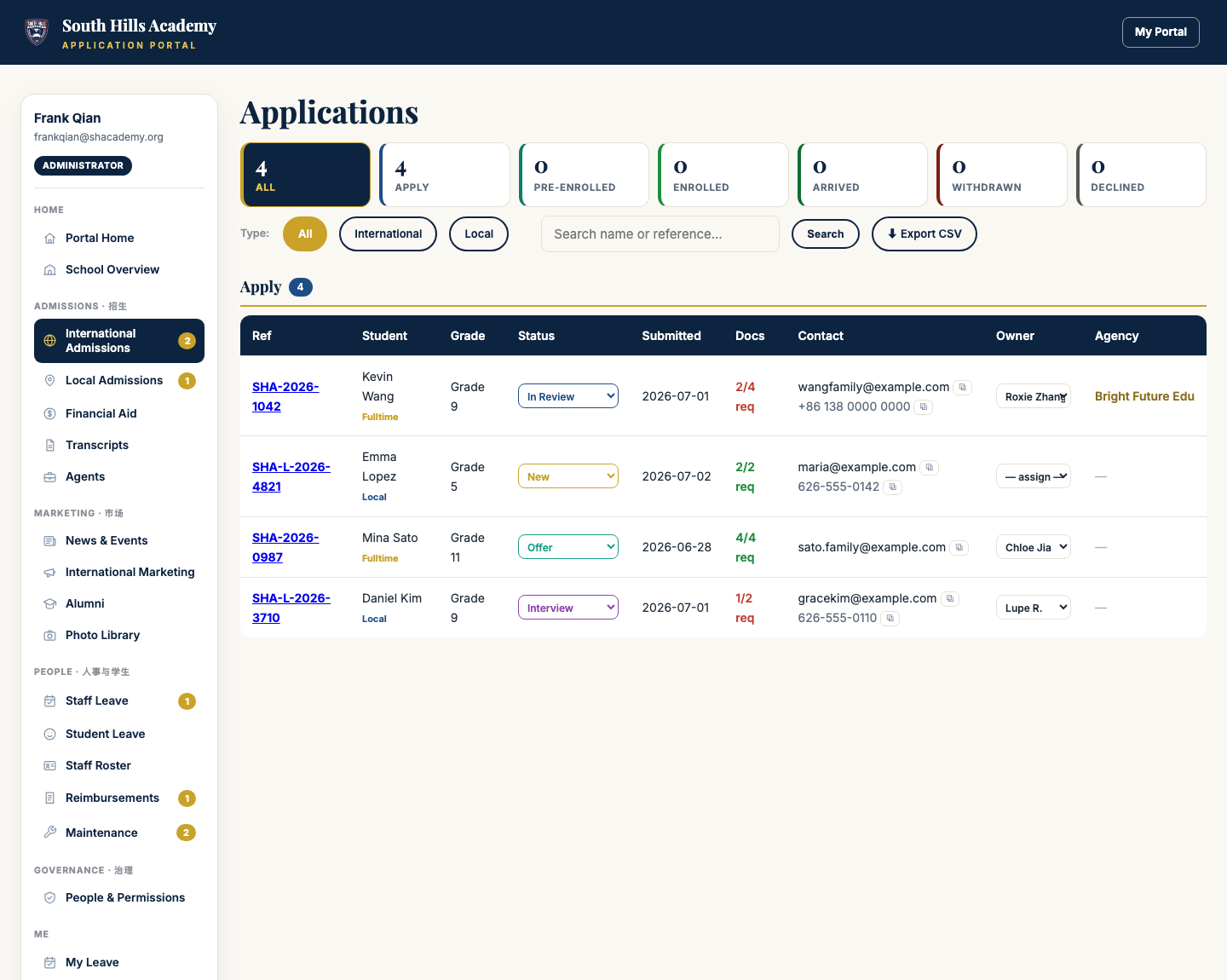 The Applications board — pipeline cards on top, Type tabs (All / International / Local), and on every row a status dropdown, an owner, and copy buttons