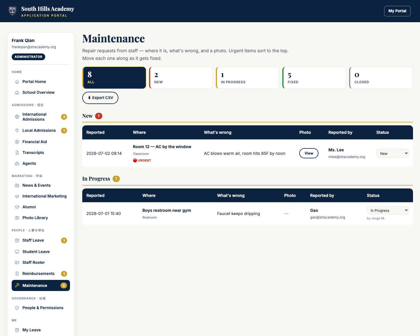 The Maintenance board — urgent items are flagged red and sort to the top