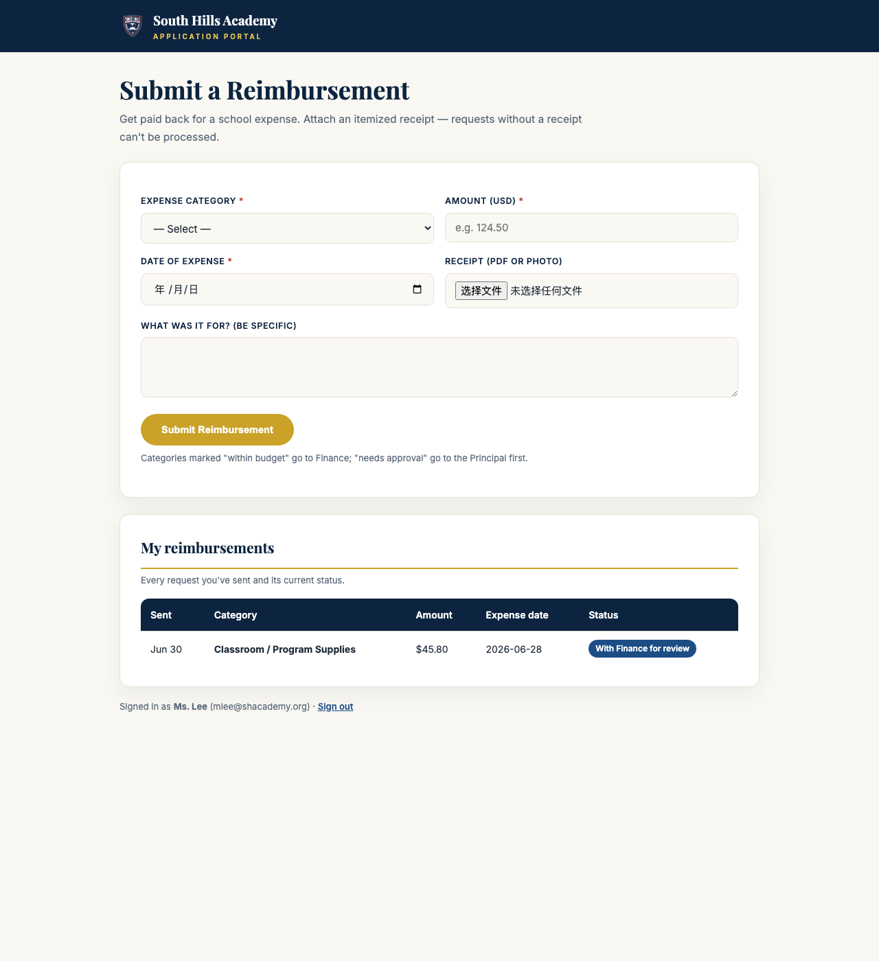 The reimbursement form — category, amount, receipt, and below it a list of everything you've sent and where it stands