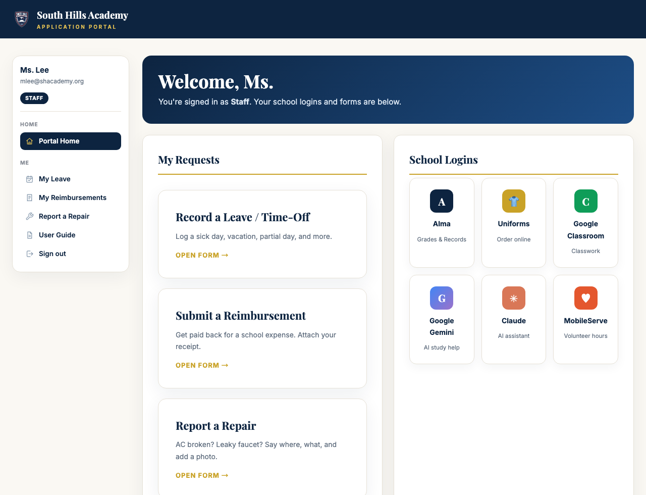 A staff home page: your three forms in the middle, school logins beside them, menu on the left