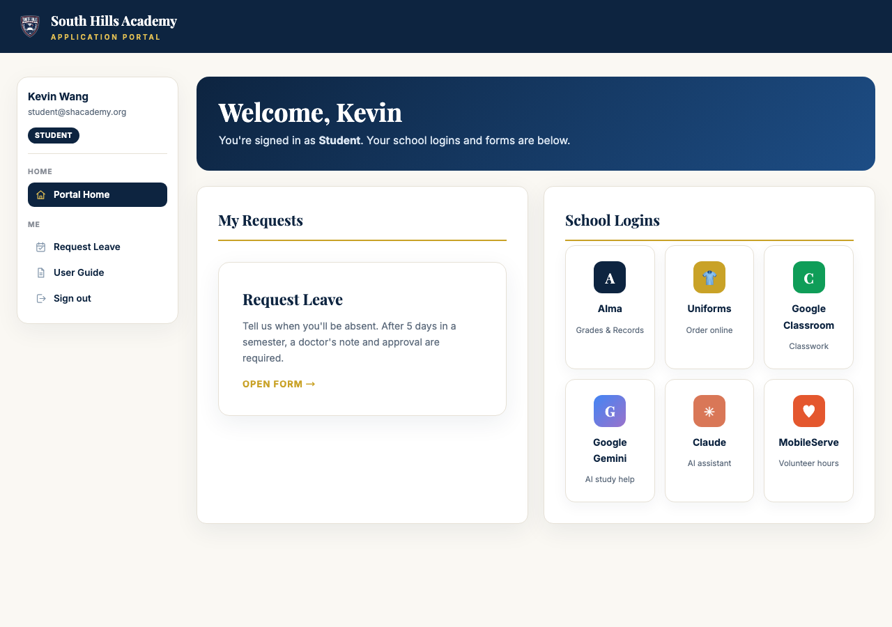 A student's home page: Request Leave on the left, every school login on the right